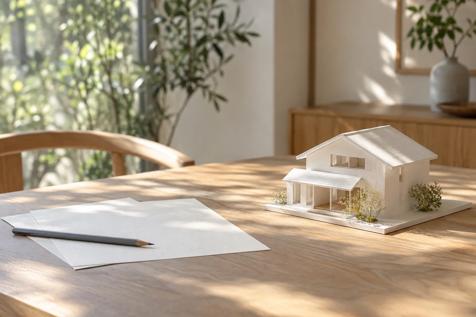 テーブルの上の住まいの模型と書類のイメージ（AI生成）
