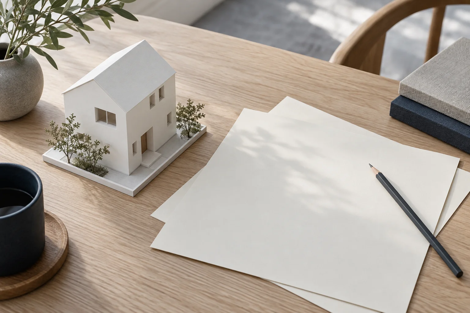 住まいの模型と書類。お見積りを表すイメージ(AI生成)